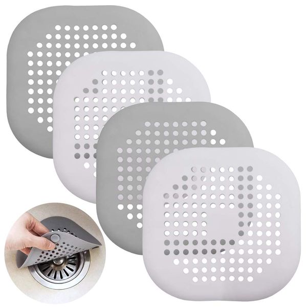 SENHAI 4 Pcs Silicone Drain Protector with Sucker, Sink Strainer Shower Hair Catcher Bathtub Drain Cover for Kitchen Bathroom- White,Grey