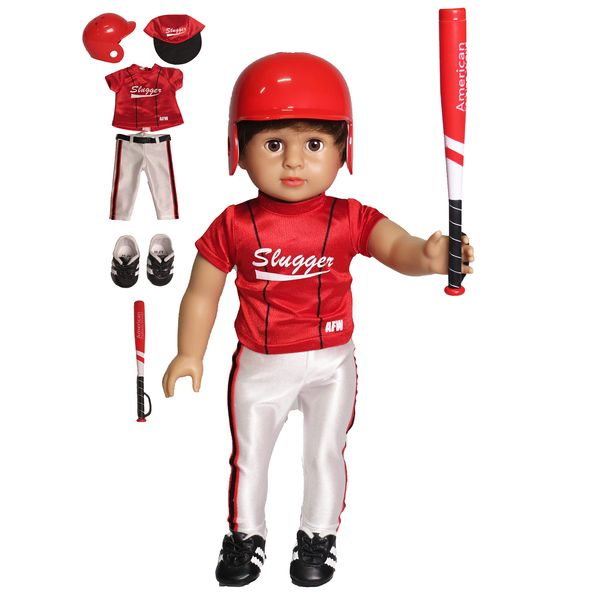 American Fashion World Red Baseball Uniform for 18-Inch Dolls | Accessories Included | Premium Quality & Trendy Design | Dolls Clothes | Outfit Fashions for Dolls for Popular Brands