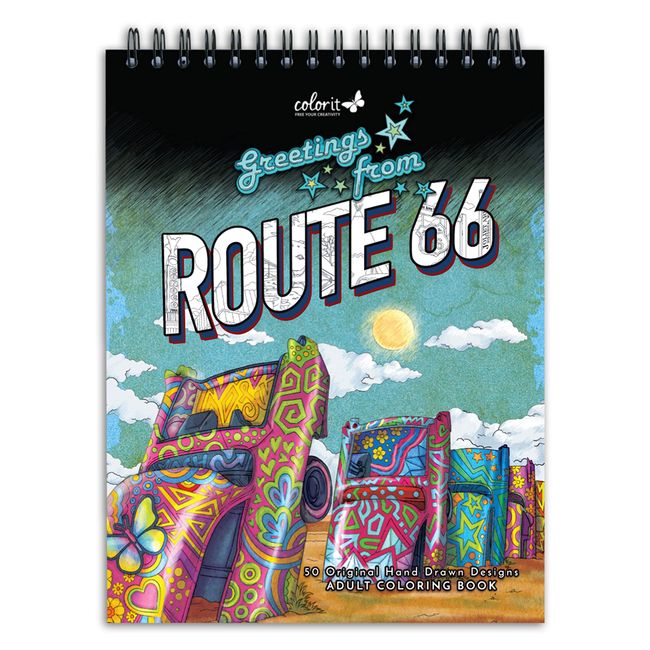 ColorIt Route 66 Adult Coloring Book, 50 Iconic Stops, Sights, and Signs Along America’s Main Street, Printed on Thick Paper with Spiral Binding, Hardback Book Cover, Perforated Edges, and Ink Blotter