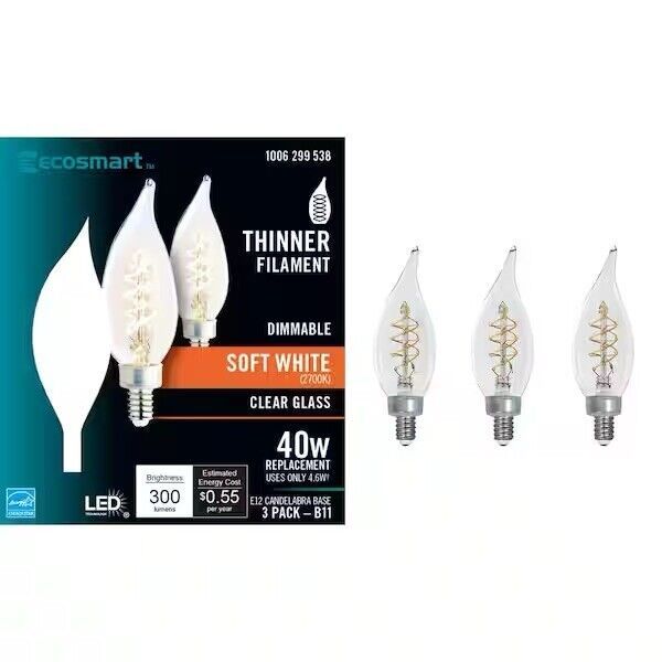 3PK EcoSmart40-Watt Equivalent BA11 Dimmable Candelabra E12 Fine Bendy Filament