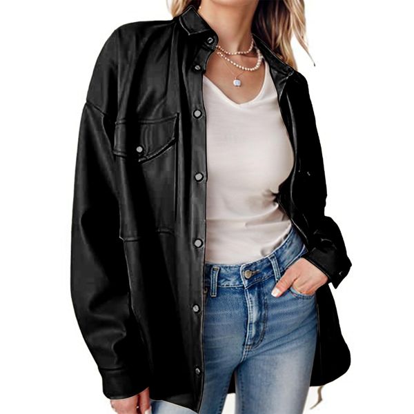 SeekMe Women's PU Leather Jacket Shacket Button Down Lapel Blazer Coat with Bust Pocket(0545-Black-M-QB)