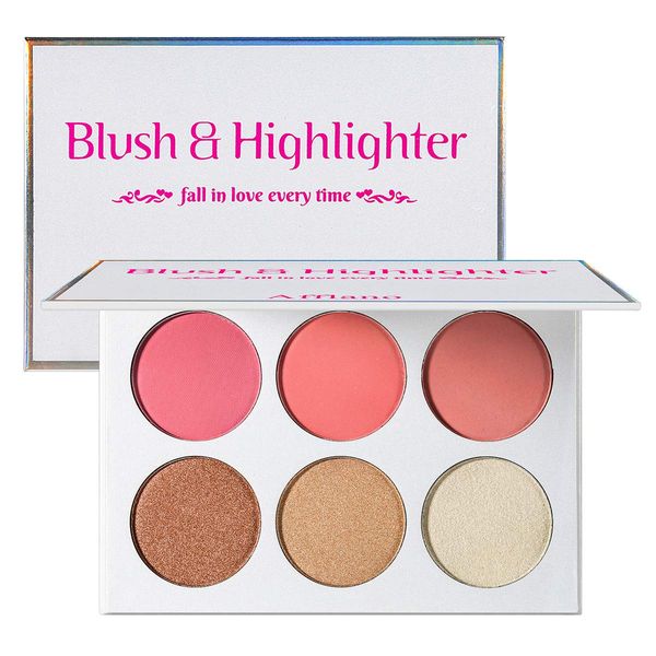 Blusher & Illuminator Highlighter & Bronzer Powder Contour Collection Set - 3 Blusher & 3 Highlighter Powder Palette - Perfect for Contouring and Highlighting - Vegan and Cruelty Free