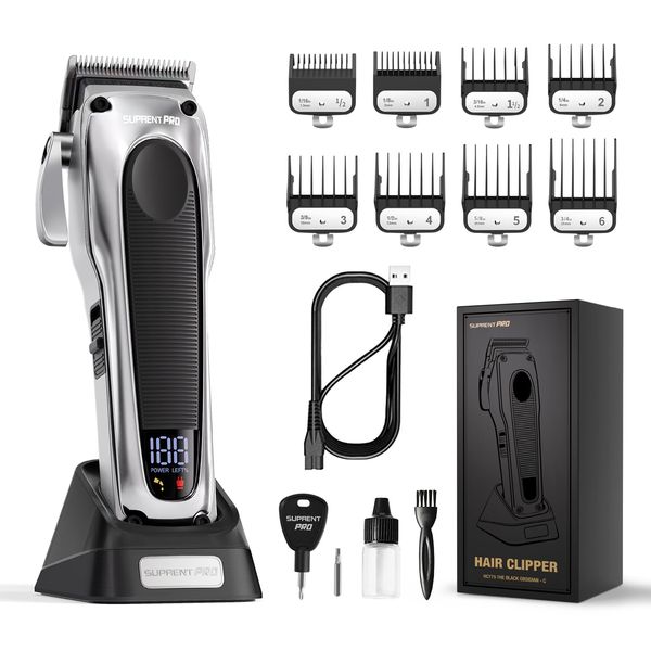 SUPRENT PRO Professional Hair Clippers for Men - High Torque Brushless Motor & DLC Coated Detachable Blade - Cordless Hair Clipper Set with Charging Base - Premium Gift Hair Clipper Kit- Sliver