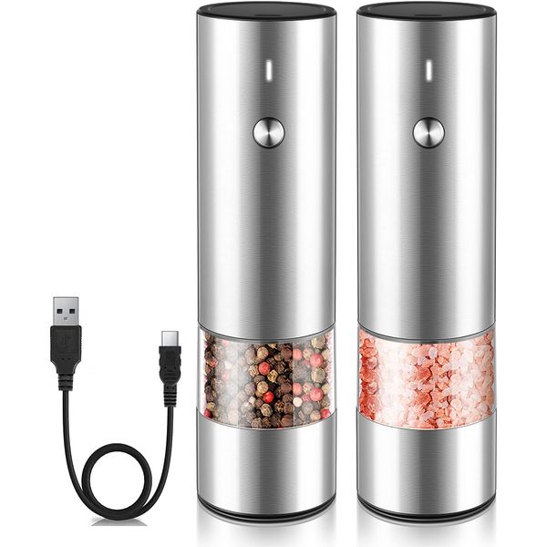 Electric Salt and Pepper Grinder Set - USB Rechargeable - Durable Modern Style - Automatic Black Peppercorn & Sea Salt Spice Mill Set with Adjustable Coarseness & LED Light Refillable