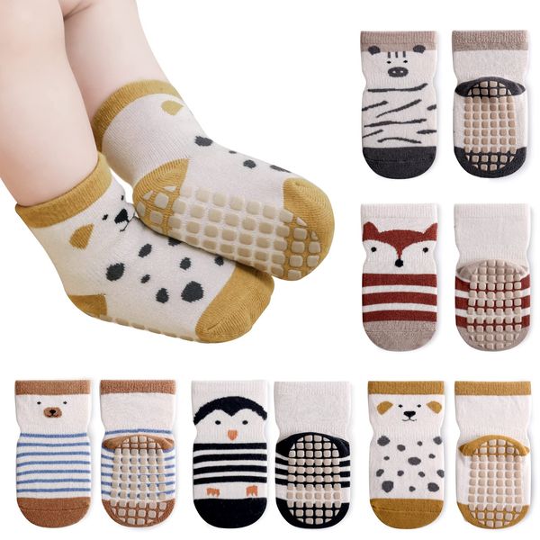 Auranso Baby Socks 5 Pairs Boys Non Slip Grip Socks Kids Girls Cotton Cartoon Animal Pattern Toddler Socks with Grips, Color-E, 1-2 Years