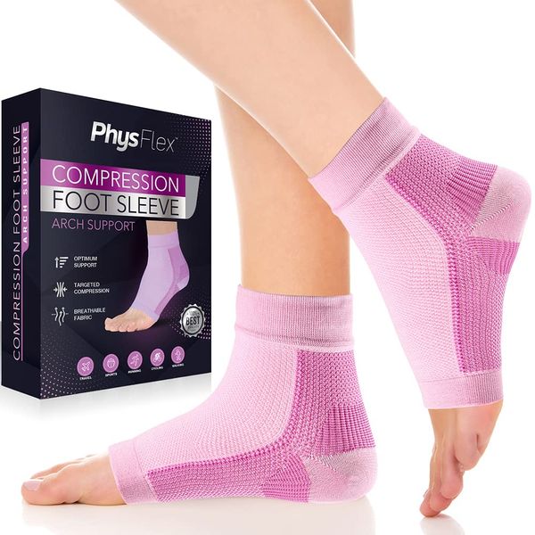 PhysFlex Compression Socks for Plantar Fasciitis, Achilles Tendonitis Relief - Ankle Compression Sleeve for Heel Spurs, Foot Swelling & Fatigue - Arch Support Brace for Everyday Use