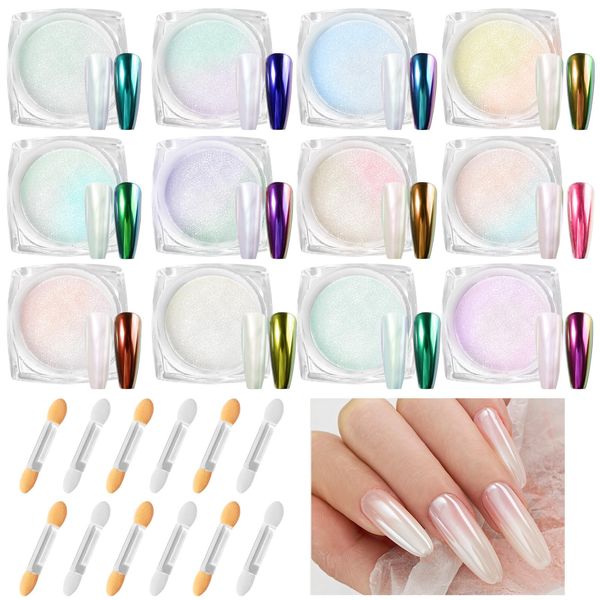 Nadinsta 12 Boxes Pearl Chrome Nail Powder, High Gloss White Pearlescent Chrome Powder with 12 Brushes, Glazed Donut Clear Moonlight Effect Mermaid Nail Powder for Nails DIY Salon