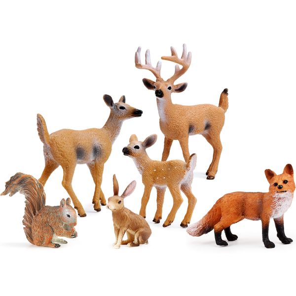 Forest Animals Figures, Woodland Creatures Figurines, Miniature Toys Cake Toppers (Deer Family, Fox, Rabbit, Squirrel)