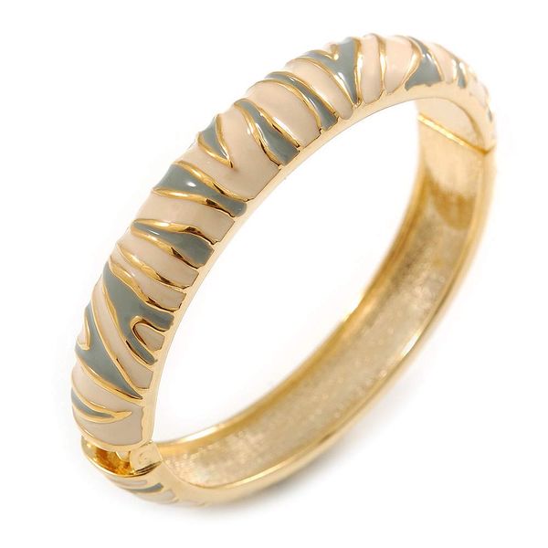Avalaya Light Cream & Light Grey Hinged Bangle Bracelet/Gold Plated/Size M