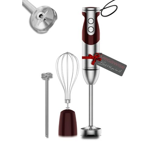 MegaWise Pro Titanium Reinforced 3-in-1 Immersion Corded Hand Blender, Powerful MOTOR with 80% Sharper Blades, 12-Speed Corded Blender, IncludingWhisk and Milk Frother (3-in 1 Red)
