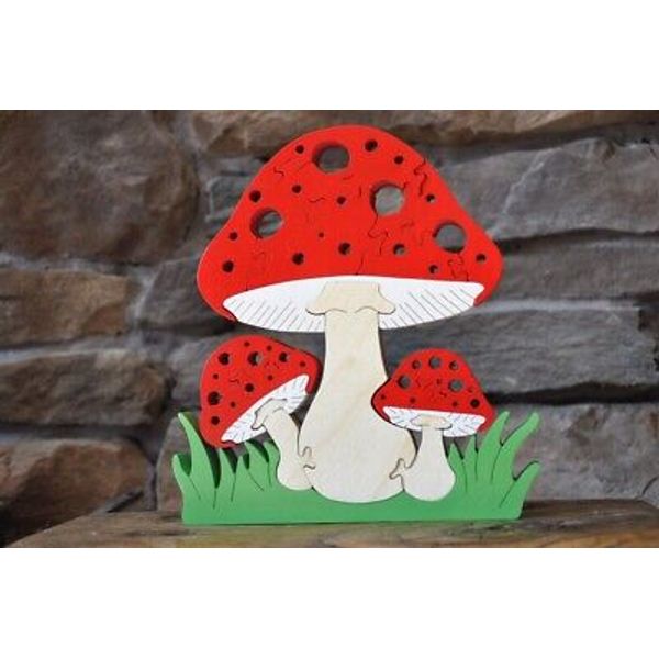 Red Polka Dot Mushroom 3D  Puzzle Wooden Toy Hand Cut Figurine Art