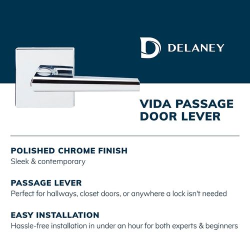 Delaney Hardware Vida Passage Door Handle with Square Trim, Fits Doors 1-3/8 to 1-3/4 in. Thick, Polished Chrome – Reversible Left/Right-Handed Hallway, Closet Door Lever with Latch – Easy to Install