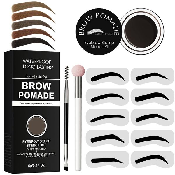 Eyebrow Stamp Stencil Kit - for Waterproof Eyebrows Makeup, Brow Stamp Trio Kit with Sponge Applicator, Dual-ended Brow Brush, 10 Eyebrow Stencils, Waterproof Eyebrow Pomade (Ebony)