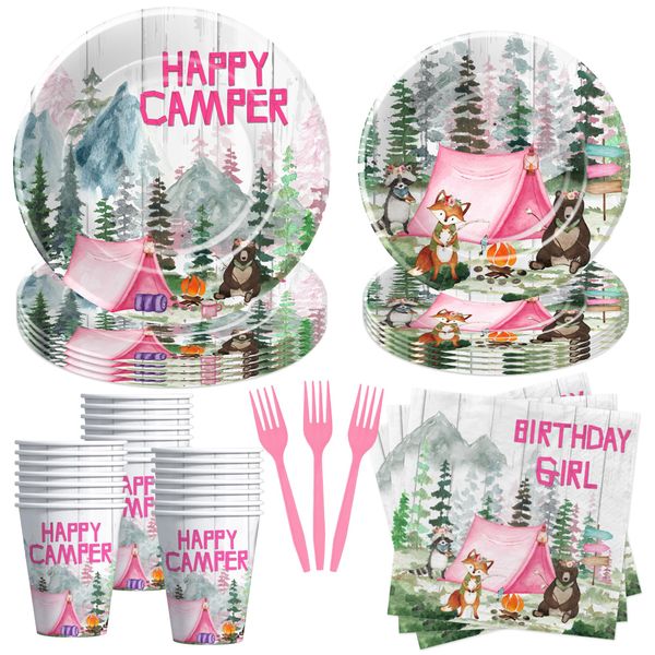 YJRJSC Camping Party Decorations Tableware Girl - Happy Camper Camping Birthday Party Supplies, Paper Plate, Cup, Napkin, Disposable Fork, Camping Theme Adventure Birthday Table Decorations | Serve 24