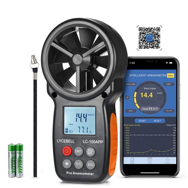 LYCEBELL Windmesser Windmessgerät, LC-100-APP Digital Anemometer, APP Connect mit drahtlosem Bluetooth, zur Überwachung von Windkälte/Geschwindigkeit/Temperatur, mit Hintergrundbeleuchtung