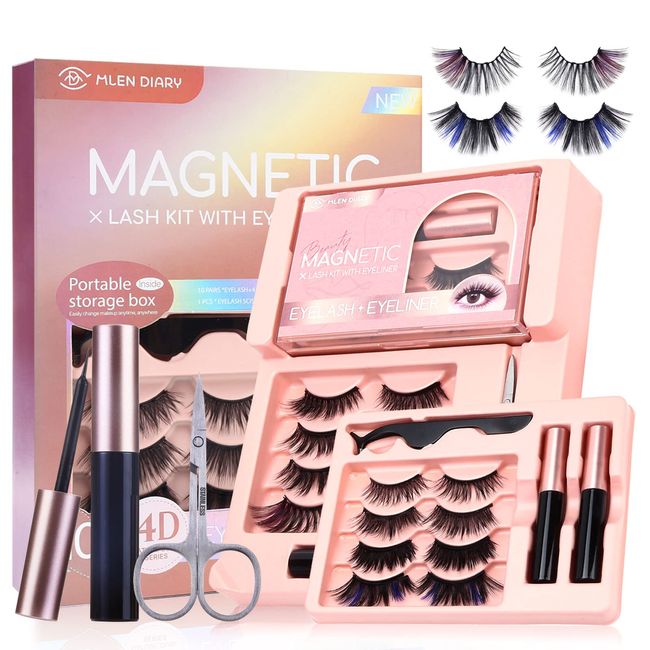 Mlen Diary Magnetische Wimpern mit Eyeliner und tragbarer Box Gemischte 10-Stile Magnetische Falsche Wimpern Natural Look Wimpern 10-Paare (8 schwarz+ 2 Farbe)