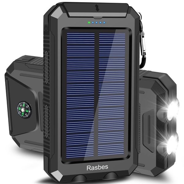 Rasbes Solar Charger, Portable 38800mAh Solar Power Bank IPX5 Waterproof with Built-in Solar Panel Charger and LED Flashlight, Solar Phone Charger Battery Pack for All CellPhones. (Black)