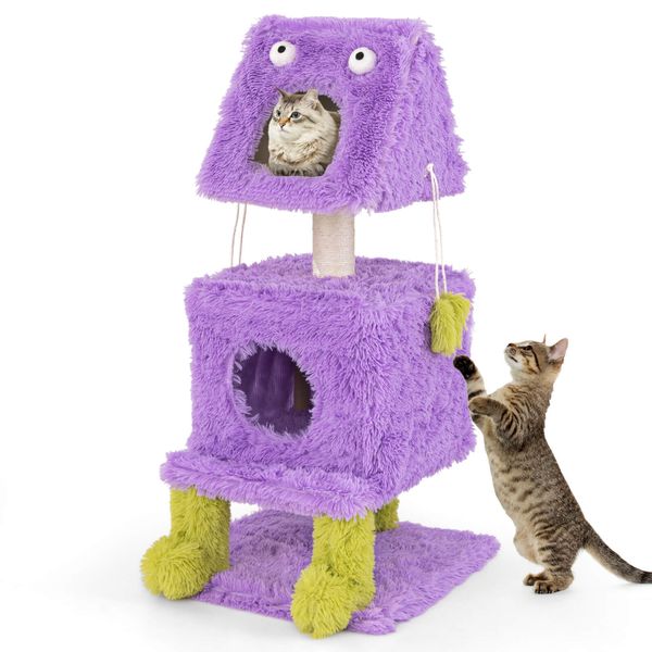 Cat Tree Cute Monster-Themed Cat Tower w/ 2 Private Condos & Soft Long Plush