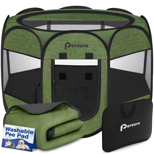 Dog Cat Playpen Indoor Outdoor for Puppy Pet Dogs Cat Recovery After Surgery, Dog Tent Crates Cage Indoor/Outdoor, Portable Pop Up Kennel with Carrying Case for Travel (Premium Green with Pad, Small)
