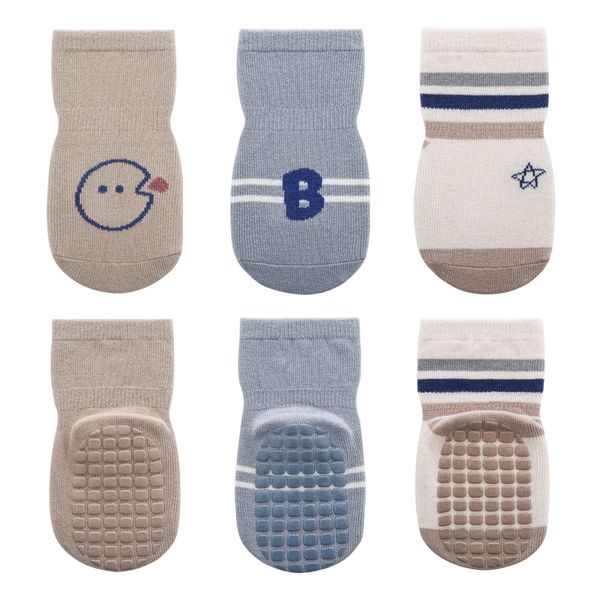 ANIMQUE 3 Pairs Baby Non-slip Socks Toddler Kids Crew Socks Indoor Floor Crawling Socks Boys Girls Stripes Comfortable Breathable Short Socks 3-5 Years, Khaki Blue L