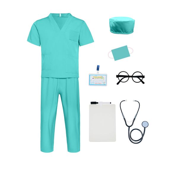 Cozymixx Doctor Costume for Kids - Doctor Scrubs Set and Role Play Kit, Pretend Play Dress Up for Career Role Play (Green, 7-8 Years/140)