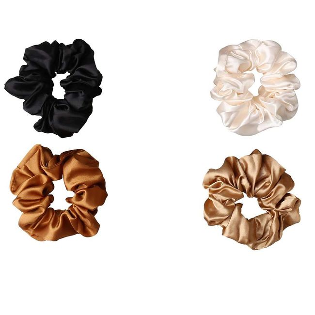 Skinny Hair Scrunchies, Satin Elastic Soft Hair Ties Scrunchy Hair Bands Ponytail Girls Luxurious Scrunchie Set Silk Hair Scrunchies for Frizz Prevention (black +Creamy-White +Champagne + Bronze)