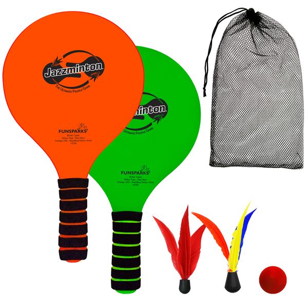 Funsparks Paddle Ball Game Jazzminton Beach for Family and Friends – 2 Paddles, 2 Birdies, 1 Ball and Carry Bag – Wind Birdie Included for Windy Days – Racquet Game for 6 Year Olds and Up