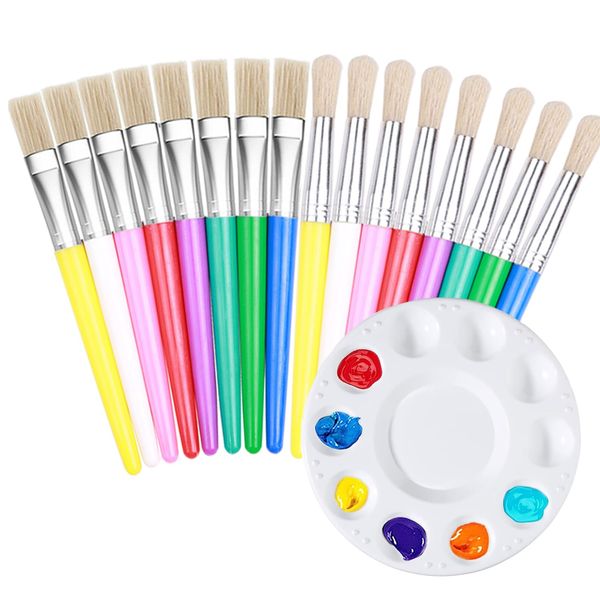 Jatidne 16 Pieces Kids Paint Brushes with Paint Palette Round and Flat Bristle Tip Paintbrushes for Children