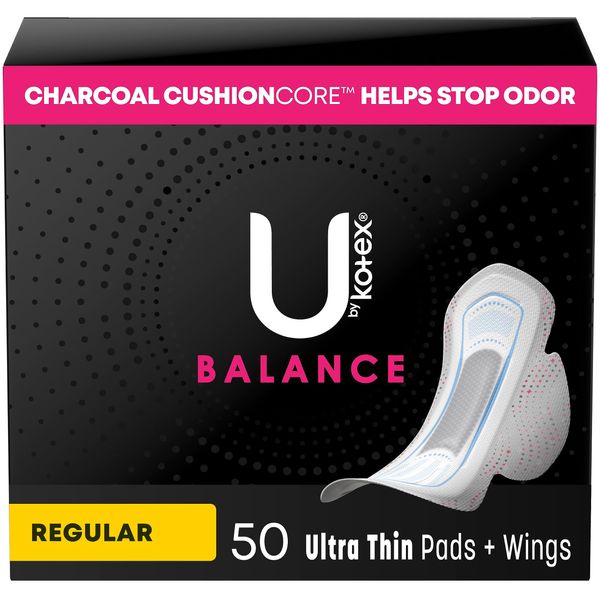 U by Kotex Balance Ultra Thin Pads with Wings, Regular Absorbency, 50 Count