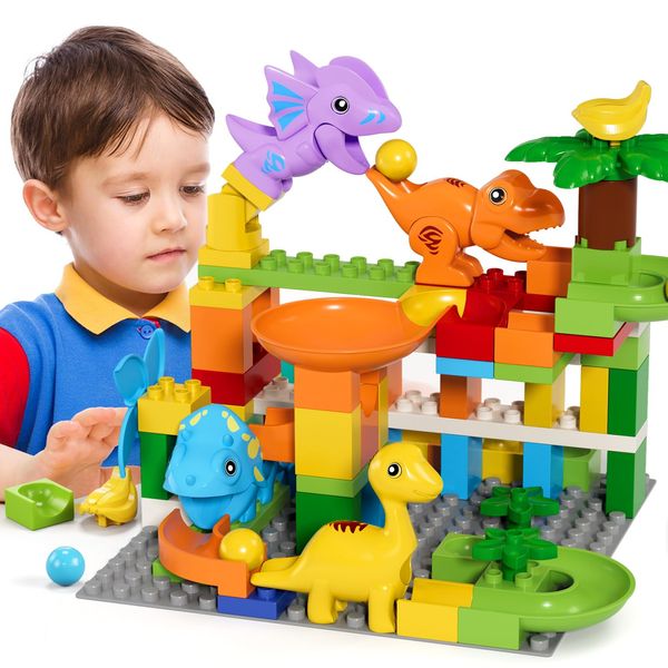 burgkidz Marble Run Building Blocks Dino Toys: STEM Ball Race Track for Boys & Girls with Functional Dinosaur Building Blocks, Marbles Maze Game Toy Set for Kids Ages 3 4-8