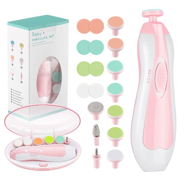 Zooawa Baby Nail Clipper 20 in 1, Electric Baby Nail Trimmer,Baby Nail File Kit with Extra 12 Replacement Pads,Trim Polish Grooming Kit for Newborn Infant Toddler or Adults Toes Fingernails Care,Pink