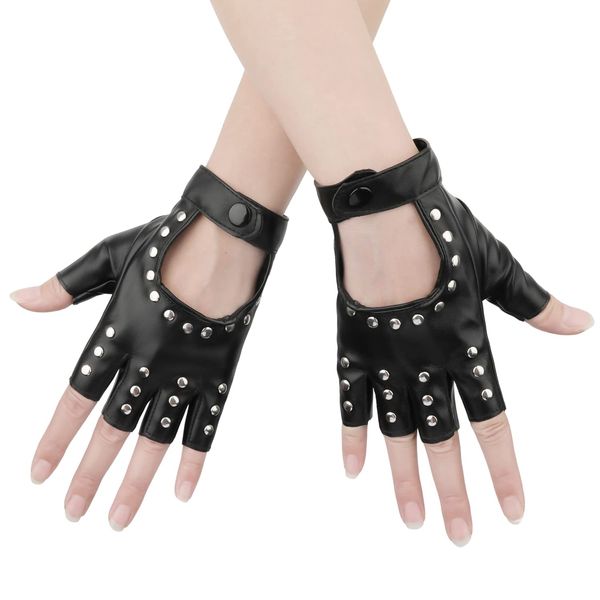 KINBOM 1 Paar Punk Handschuhe Fingerlos, Stilvolle Fingerlose Handschuhe aus Leder Punk Handschuhe für Halloween Damen Mädchen Cosplay Performance (Schwarz)