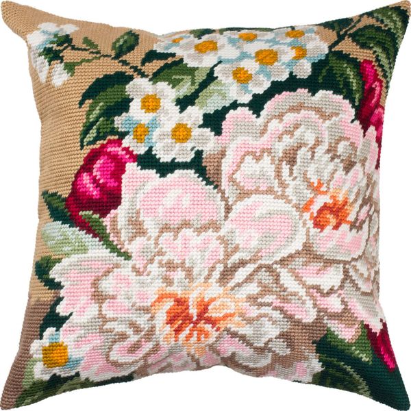 Brvsk Peonies. Embroidery Kit w/Printed Tapestry Canvas (40 × 40 cm) — Embroidery Cushion Kit for Creative Home Décor — Needlework Kit for Adult Beginners