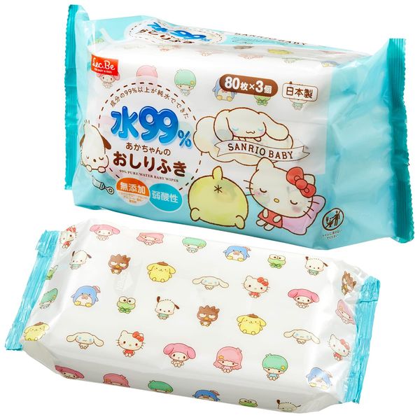 LEC Sanrio 99% Pure Water Wipes, 80 Sheets x 3, Additive-Free Made in Japan