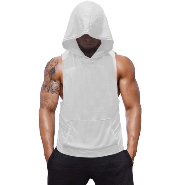 Mens Sleeveless Hoodie Fitness Vest Bodybuilding Stringers Workout Tank Tops(1#White(no Skull),L)