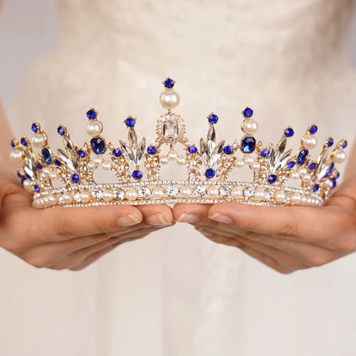 JWICOS Vintage Pearl Tiara Crown for Women Crystal Queen Tiara for Girls Crown Headband Headpieces for Party Pageant Birthday Wedding Prom Halloween Costume (Blue)