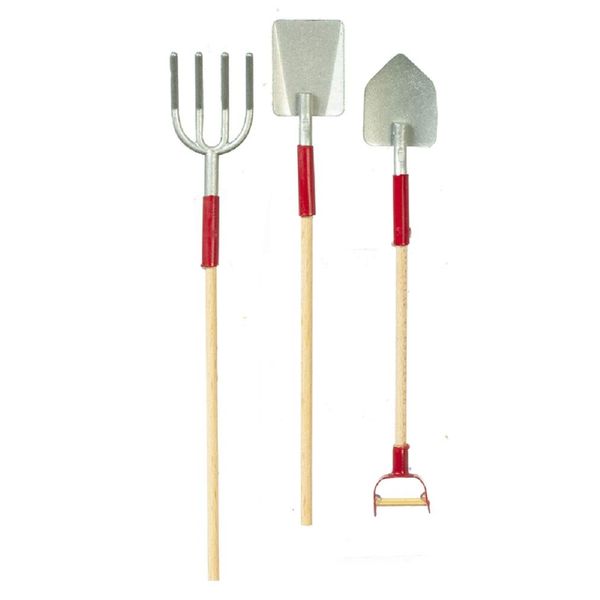 Dolls House Miniature Accessory Set Garden Tools Fork & Spades Red