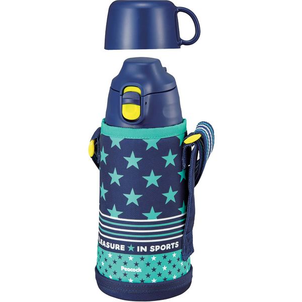 Peacock ASG-W81 AKS Water Bottle, Large Capacity, Direct Drinking, Cold Drinking, 2-Way Bottle, Cup Drinking, Thermal, One-Touch Pouch, Includes Pouch, Nursery School, Kindergarten, Elementary School Students, Sports Festival, Stainless Steel, Thermos Fla