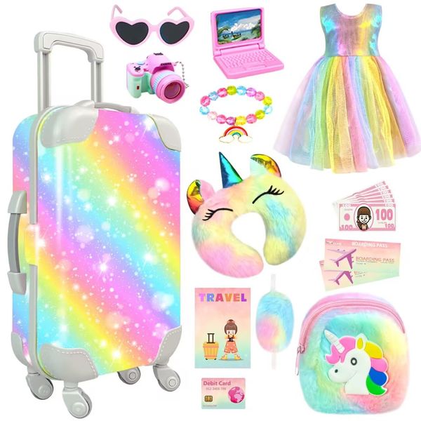 19Pcs 18 inch Girl Doll Accessories Case Luggage Travel Play Set with Doll Clothes Camera Travel Pillow Bag Dress Glasses Doll Stuff Fit 18 inch Doll Christmas Birthday Gift