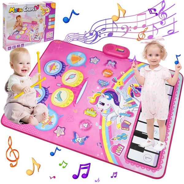 Cyiecw Piano Drum Babies Play Mat, Unicorn Piano Keyboard & Drum Toys for 1 Year Old Girl Gifts, Infant Musical Toy 12-18 Months, Babies Birthday Gifts for 1 2 3 Year Old Boys Girls