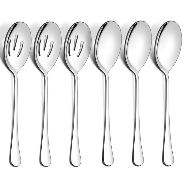 LIANYU 6 Pack Serving Spoons Set, 3 Large Serving Spoons, 3 Slotted Serving Spoons, Stainless Steel Buffet Dinner Restaurant Serving Spoons Set, Catering Serving Utensils for Party Banquet, 9.8 Inch