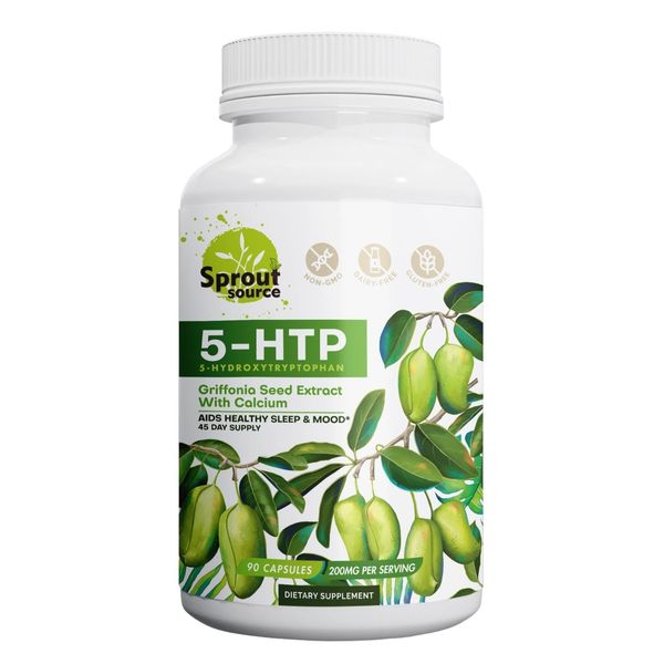 Sprout Source 5-HTP Supplement 200mg Capsules (5-Hydroxytryptophan) - Natural Sleep aid with Calcium for improved Sleep and Mood - Non-GMO, Gluten-Free - 90 Count