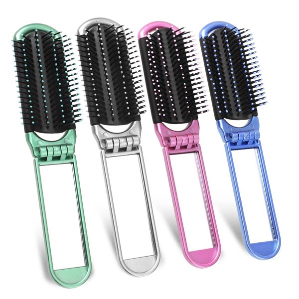 4 PCS Travel Hair Brush with Mirror Small Folding Hair Brush Portable Compact Pocket Size Anti-Static Hairbrush Collapsible Hair Comb Hair Styling Tools for Car Gym Bag Purse Locker, Women Men Gift