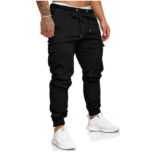 SOMTHRON Herren Elastische Taille Gürtel Baumwolle Jogging Sweat Hosen Plus Size Mode Lange Sports Cargo Hosen Shorts mit Taschen Joggers Activewear Hosen, Black, L