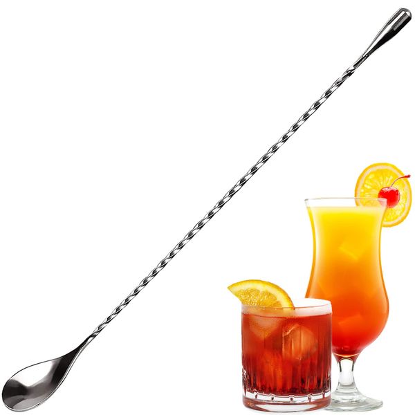 Stainless Steel Mixing Spoon, 12 Inch Bar Cocktail Shaker Spoon, Long Handle Spoon with Spiral Pattern Teardrop End Design, Drink Stirrer for Home or Bartender Use Silver Cocktails Coffee Tea Herbs