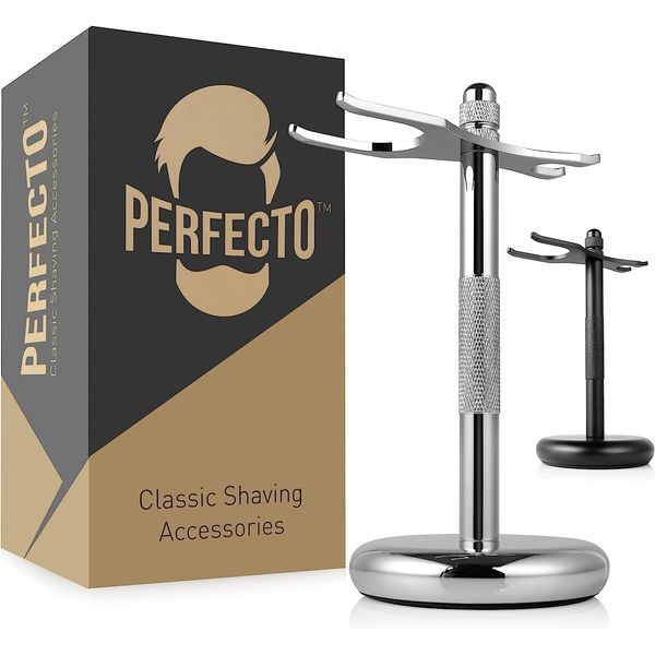 Perfecto Deluxe Chrome Razor and Brush Stand - The Best Safety Razor Stand. This Will Prolong The Life of Your Shaving Brush, metal