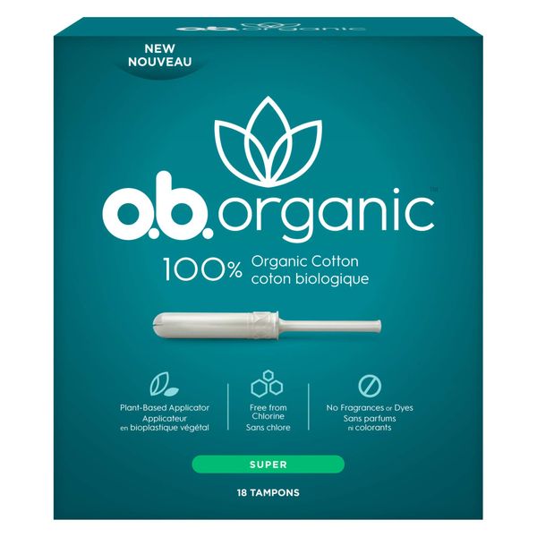 o.b. Organic Tampons with New Plant-Based Applicator, 100% Organic Cotton, Super, 18Count