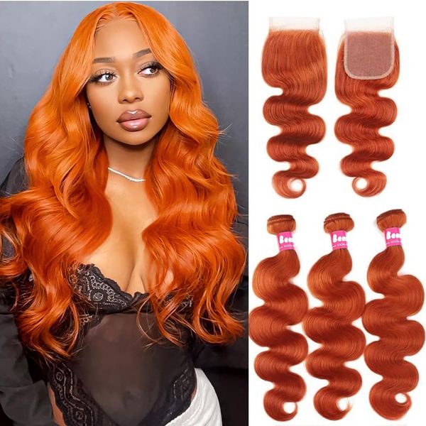 Beaushine Ginger Ombre Human Hair Bundles with Closure Body Wave (14 16 18+14), 10A Ginger Body Wave Bundle with Closure Real Raw Ginger Hair Weave Bundle Closure 350 Ginger Human Hair Bundles Closure