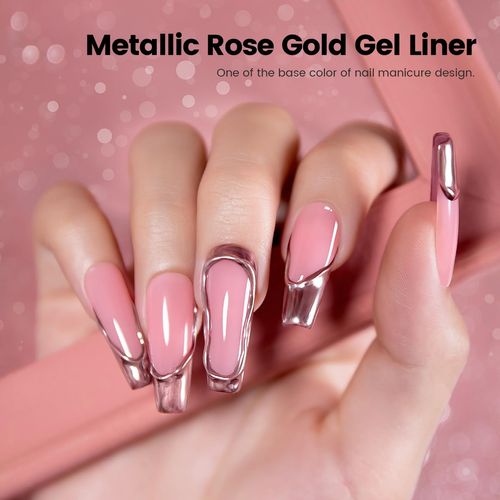RARJSM Metallic Nail Art Gel Liner Rose Gold Mirror Chrome 3D Effect 8ml Build in Thin Brush Metal Painting Drawing Striper Thin Brush Gel Polish Soak off UV LED Curing Requires for Home Salon