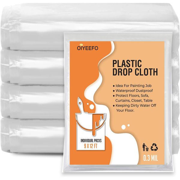 Clear Plastic Sheeting Drop Cloths for Painting, 5 Pcs 9x12ft Plastic Tarp Tear